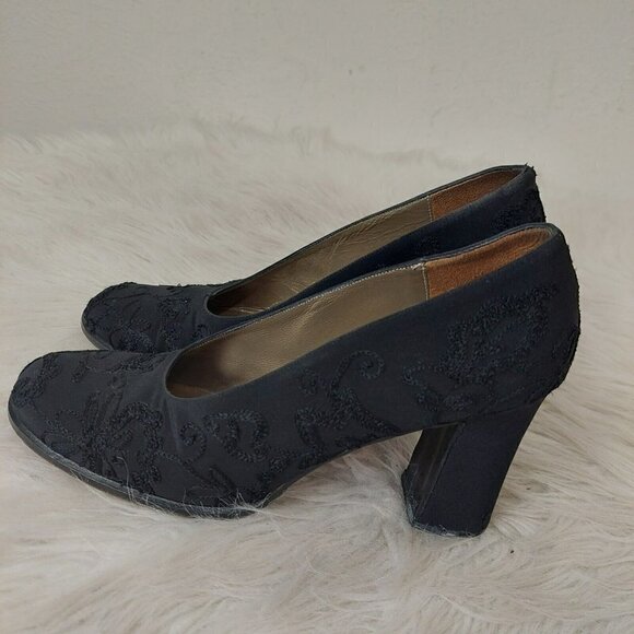 YSL Yves Saint Laurent Sz 8 M Vintage Black Embroidered Floral Chunky Heel Pumps - Picture 4 of 10